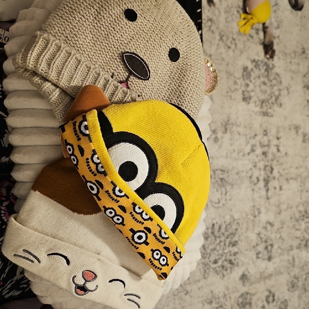 Universal Kids Cartoon Beanie Set - Yellow, Cream, Brown. Lot of Three Kids Hats